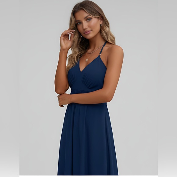 LAST ONE ๐ฅ Tie Backless Halter Neck Cami Dress Blue - Picture 3 of 9